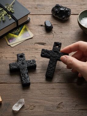Lot of 2 Large Black Lava Stone Cross Pendants Gothic Witchy Altar Decor Pagan